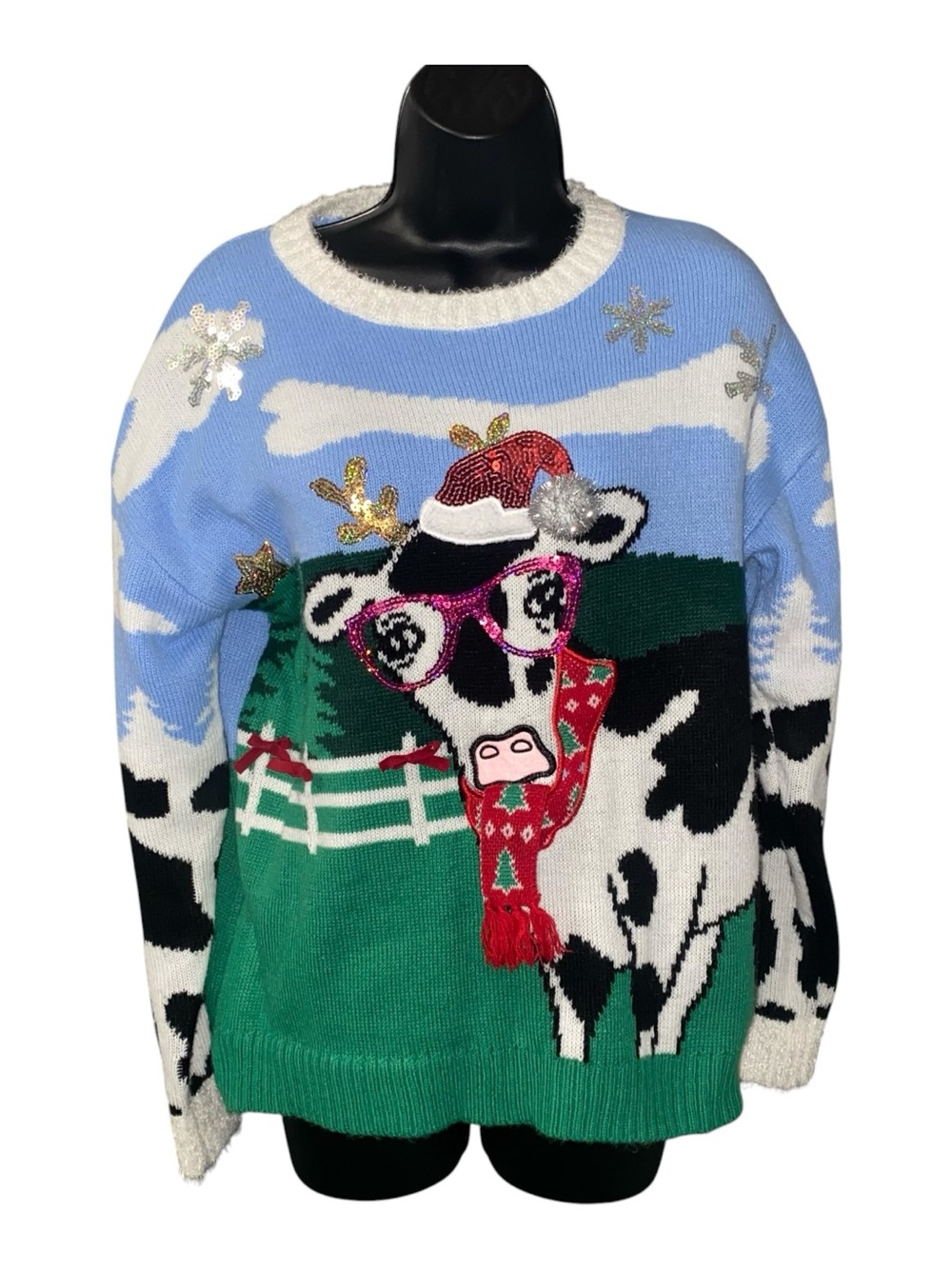 33 Degrees Women's 3D Fuzzy Cow Ugly Christmas Sweater Size Medium  SEQUIN Funny